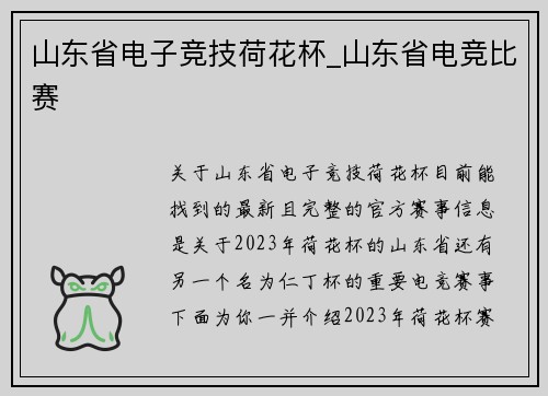 山东省电子竞技荷花杯_山东省电竞比赛